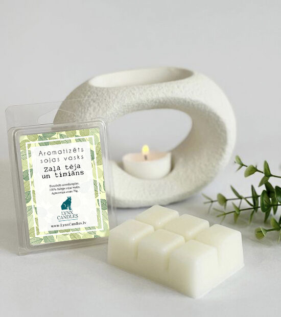 Zaļā tēja un timiāns. Aromatizēts sojas vasks aromlampām. Svaigs aromāts.